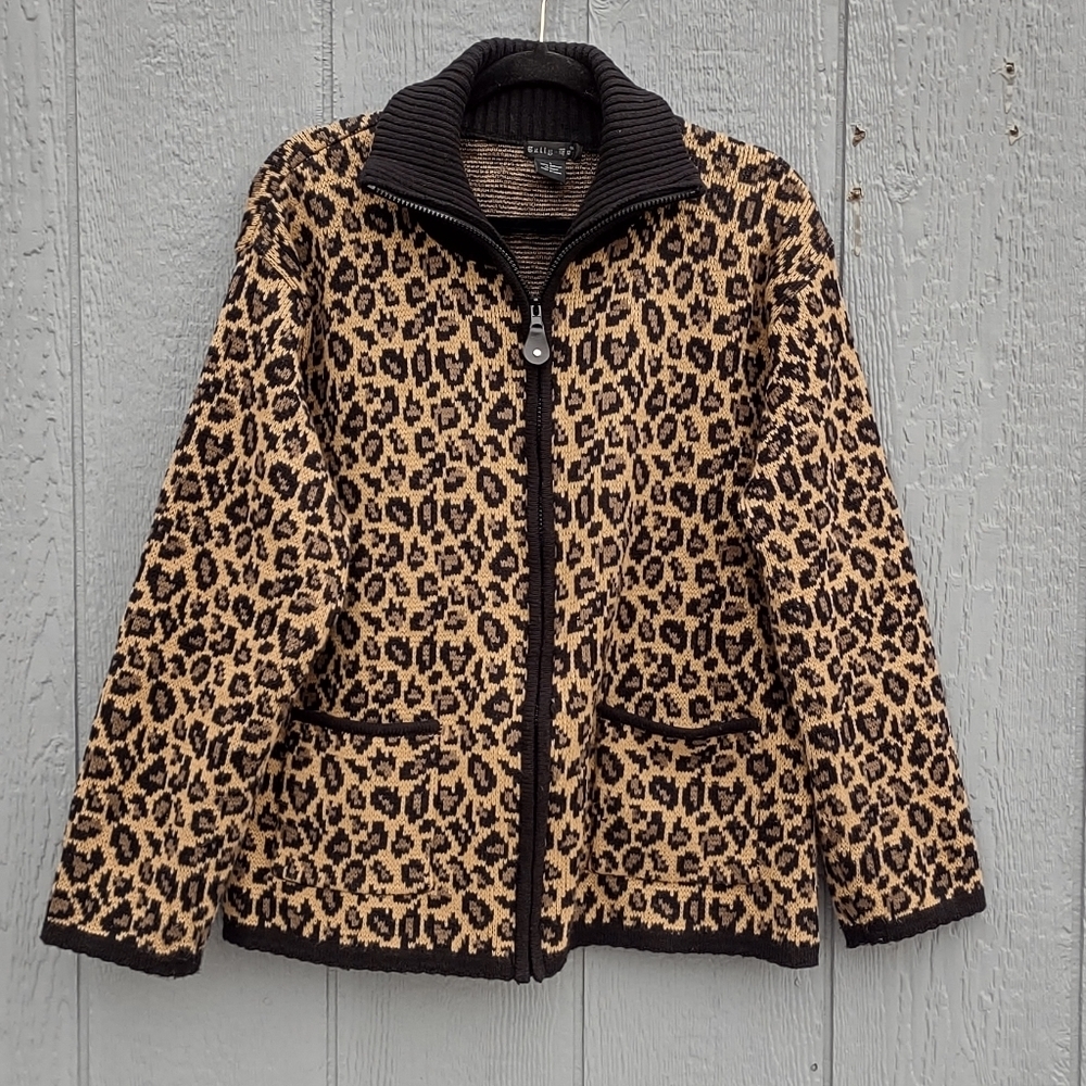 Tally‎ Ho Animal Print Zip Front Cardigan Large